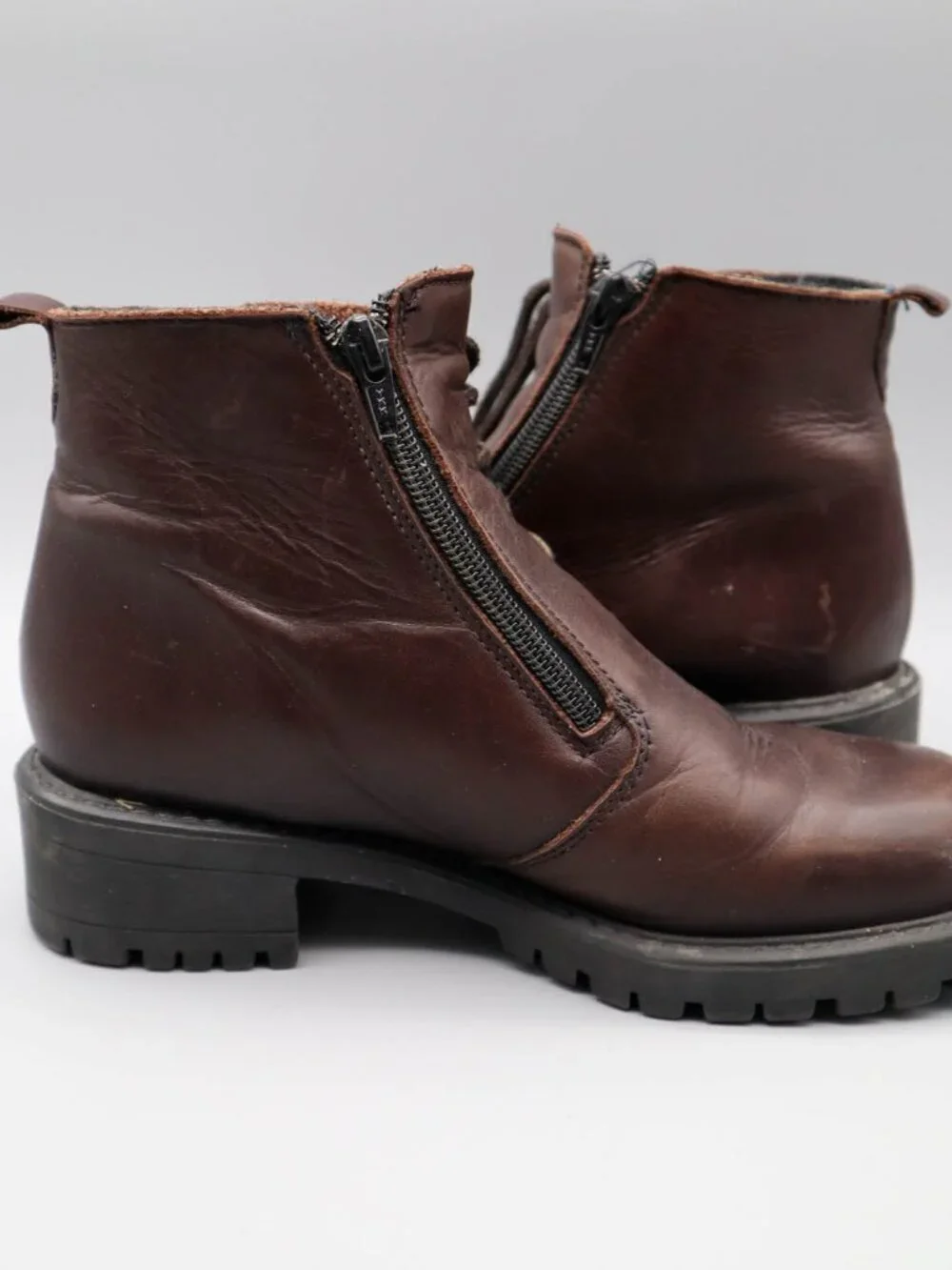 Brown Leather Booties Ankle Boots Side Zip Lace Up Sz 7 Felt Wool Lined 90s Y2K